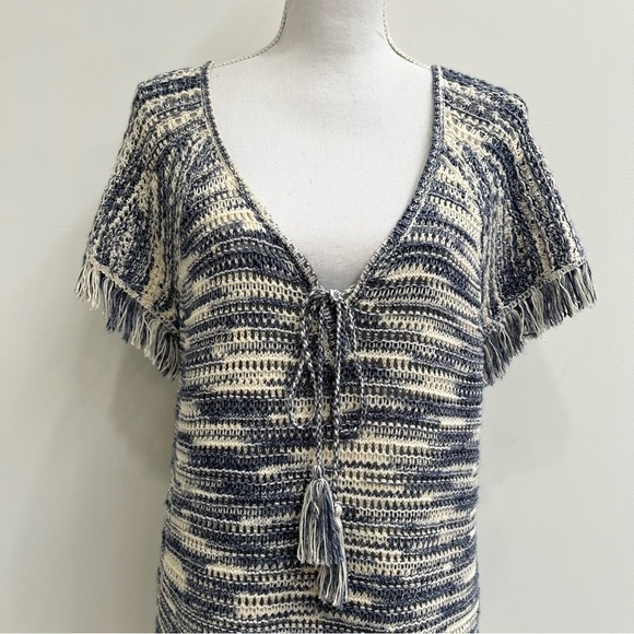 Massimo Dutti crochet open knit top tassel fringe trim blue cream boho medium - Picture 4 of 16